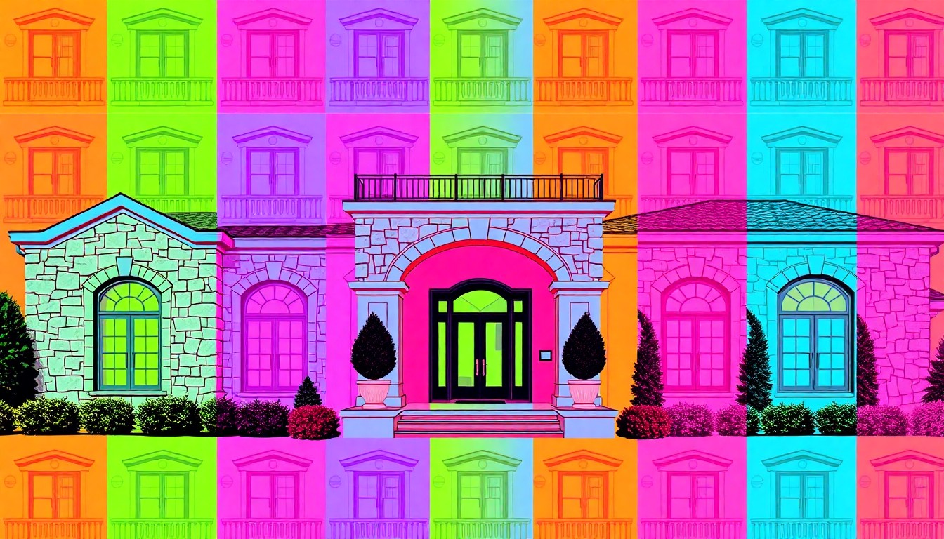 A brightly colored, high-contrast silkscreen print of a luxury home exterior, with the facade, landscaping, and architectural details repeated in a tight grid pattern in vibrant neon hues and heavy black outlines, creating a modern pop art interpretation of an upscale residential property.