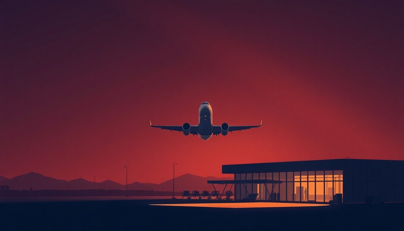A cinematic painting of a commercial airliner taking off from a small regional airport terminal, the scene bathed in warm, diagonal sunlight and deep shadows, capturing a sense of quiet contemplation around the political debate over the airport's renaming.