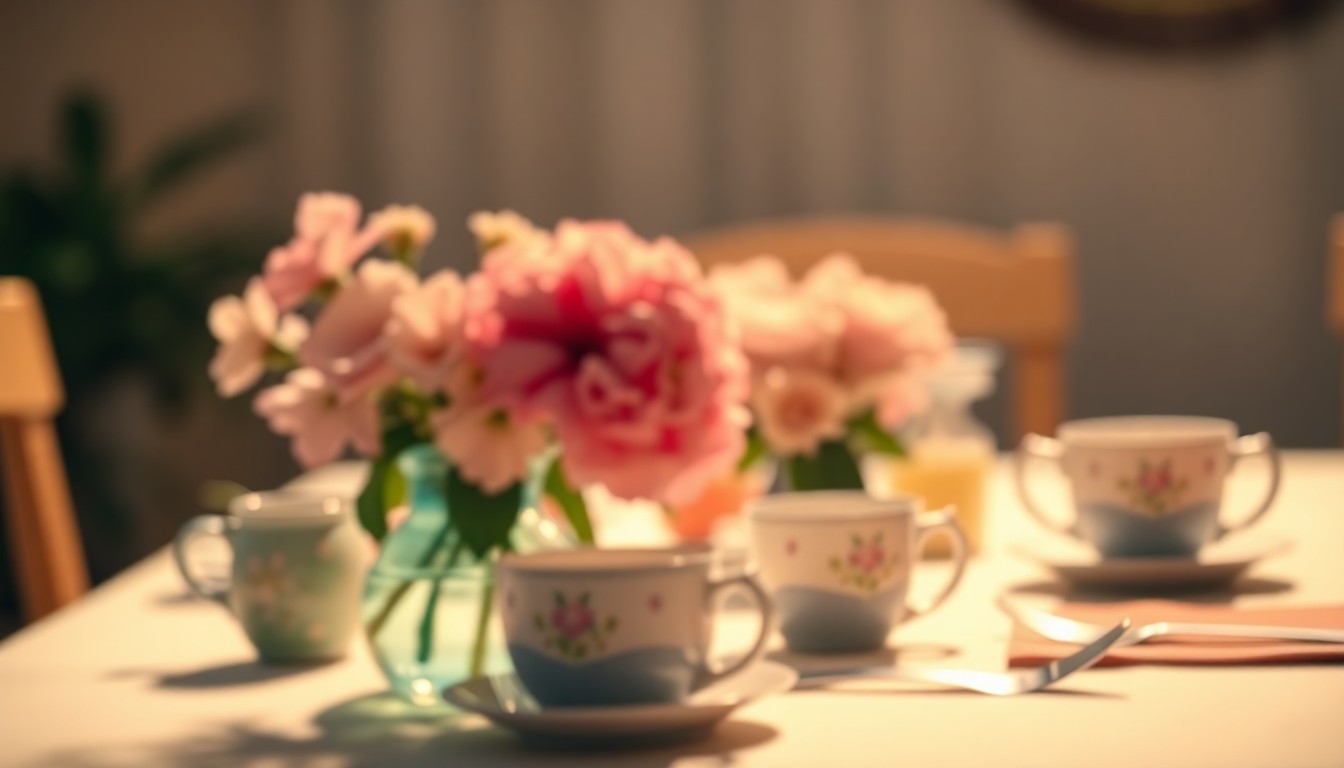 An extremely abstracted, out-of-focus photograph shot through condensation or rain-streaked glass, composed of soft pools of warm color and light depicting a blurred table setting with brunch items, evoking the intimate atmosphere of a Mother's Day celebration.