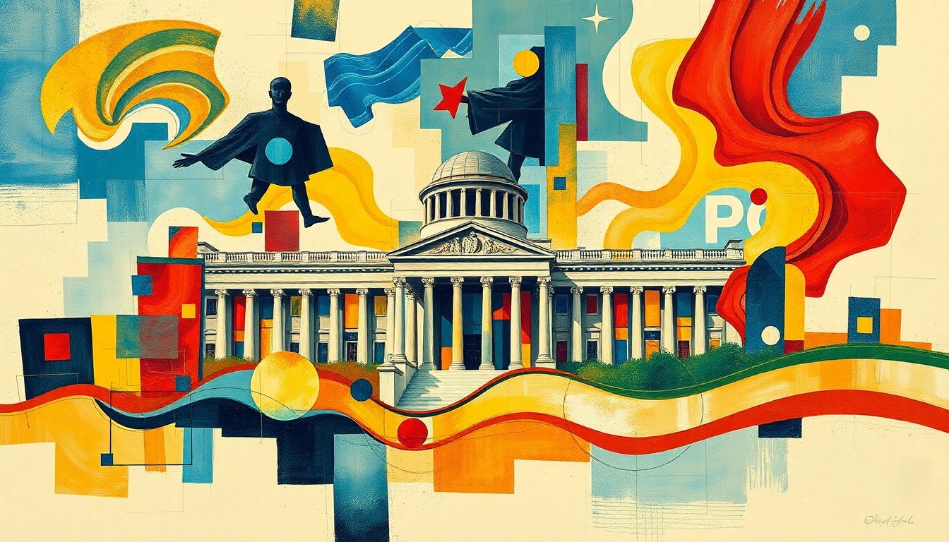 A dynamic, abstract painting featuring overlapping geometric shapes and waves of color, representing the turbulence and instability within the Trump administration.