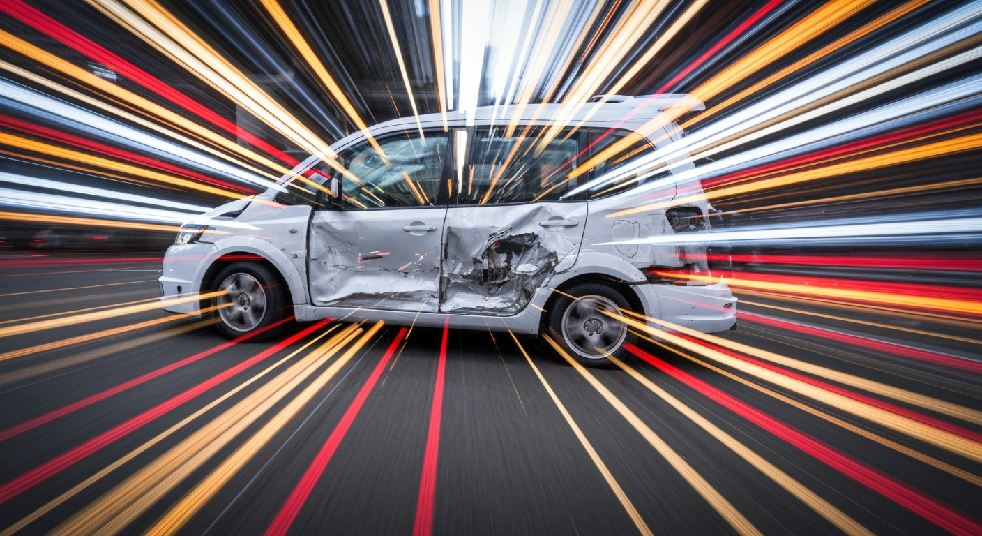 An abstract, blurred image of a damaged Waymo autonomous vehicle, conveying a sense of speed, chaos, and the impact of vandalism on self-driving cars.