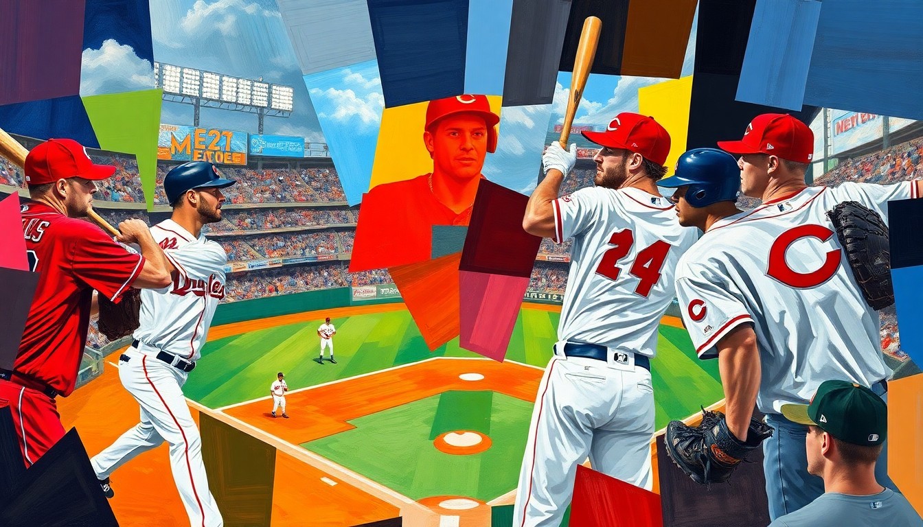 A fragmented, geometric painting depicting a baseball game, with sharp planes of color representing the players and action on the field, conveying the intensity and complexity of the Twins' loss to the Reds.