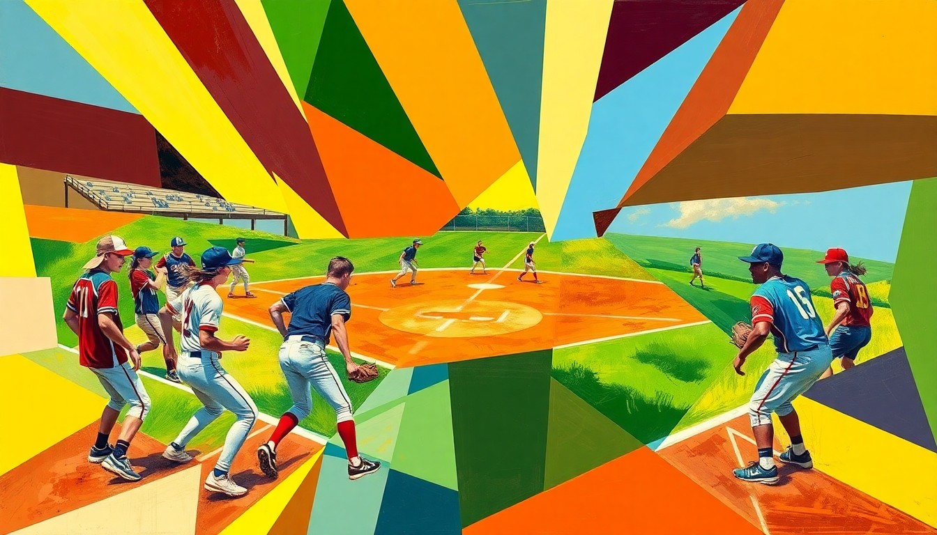 A cubist-style painting depicting a high school softball game, with the players and field broken down into sharp, overlapping geometric shapes in the team's vibrant colors.