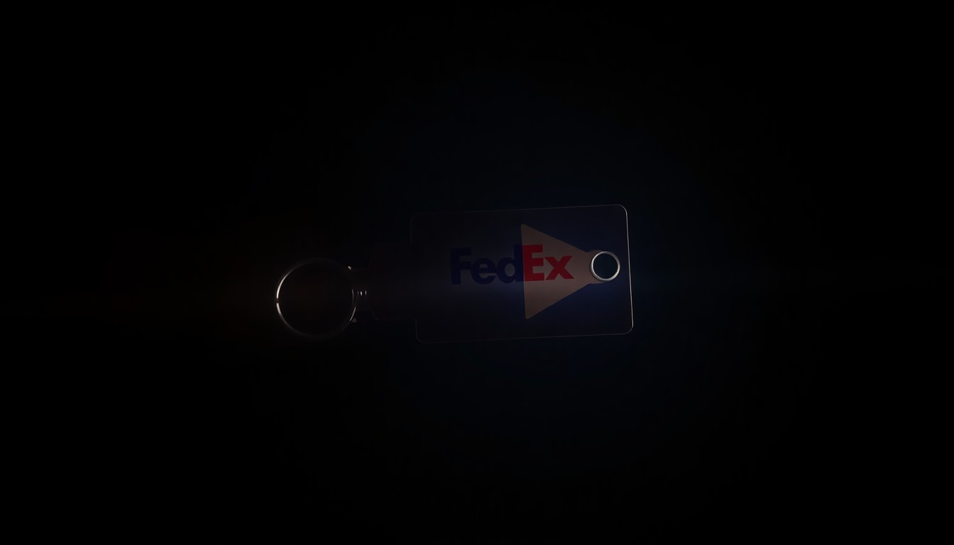 An extreme close-up photograph of a FedEx delivery truck key against a pitch-black background, conceptually representing the disturbing details of this crime.