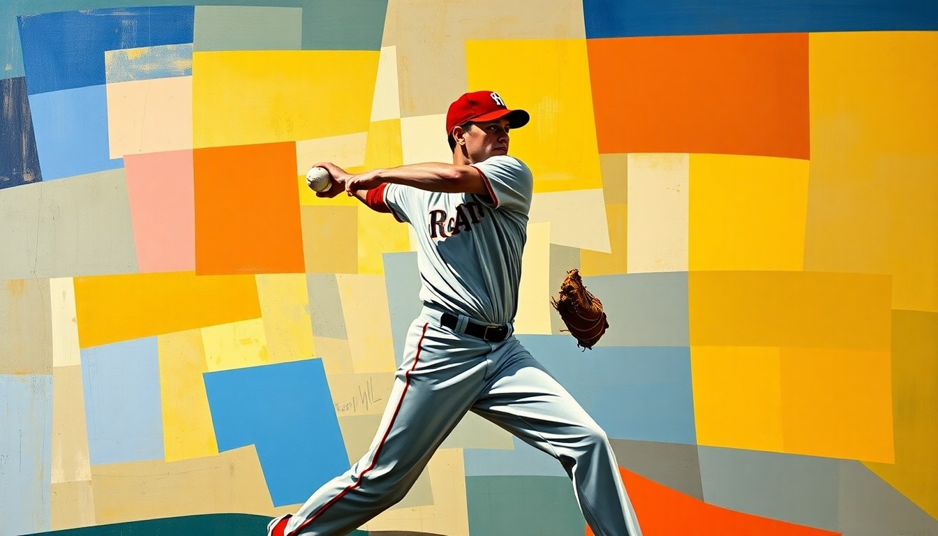 A fragmented, geometric painting depicting the various angles and movements of a baseball pitcher's windup and delivery, conveying the dynamic athleticism and promise of the Angels' top pitching prospect.