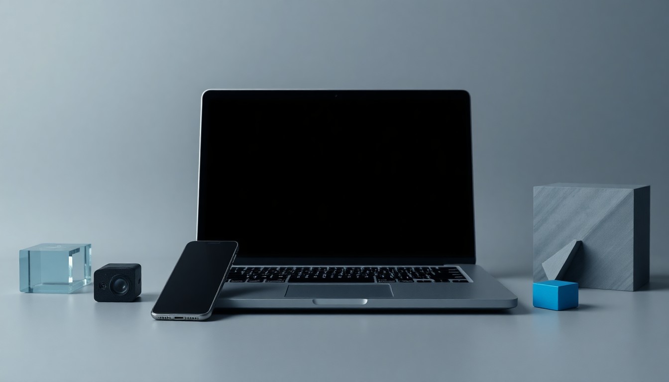 A minimalist, high-contrast studio photograph featuring a modern smartphone, laptop, and abstract geometric shapes in shades of gray and blue, symbolizing the world of technology investments.