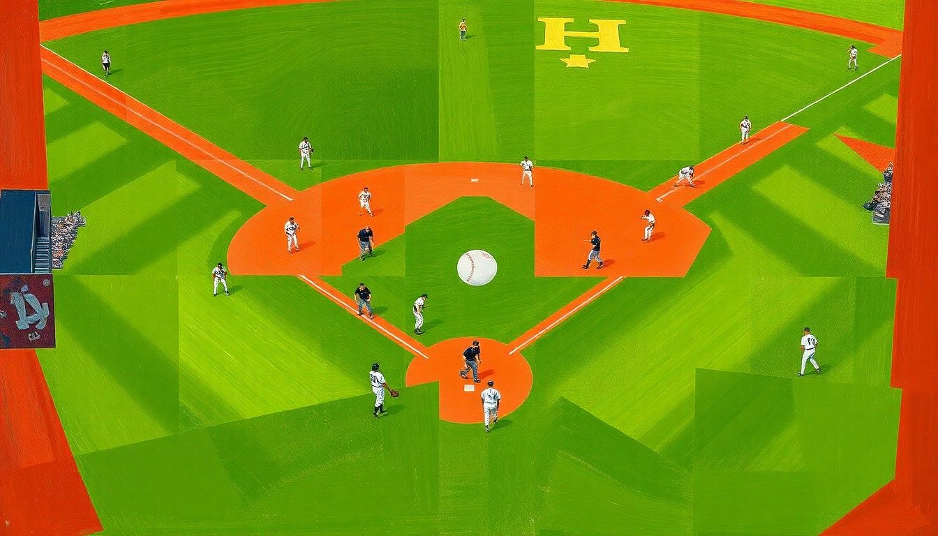 A fragmented, geometric painting depicting the dynamic movements and competing perspectives of a college baseball game, with sharp planes of green, white, and red.