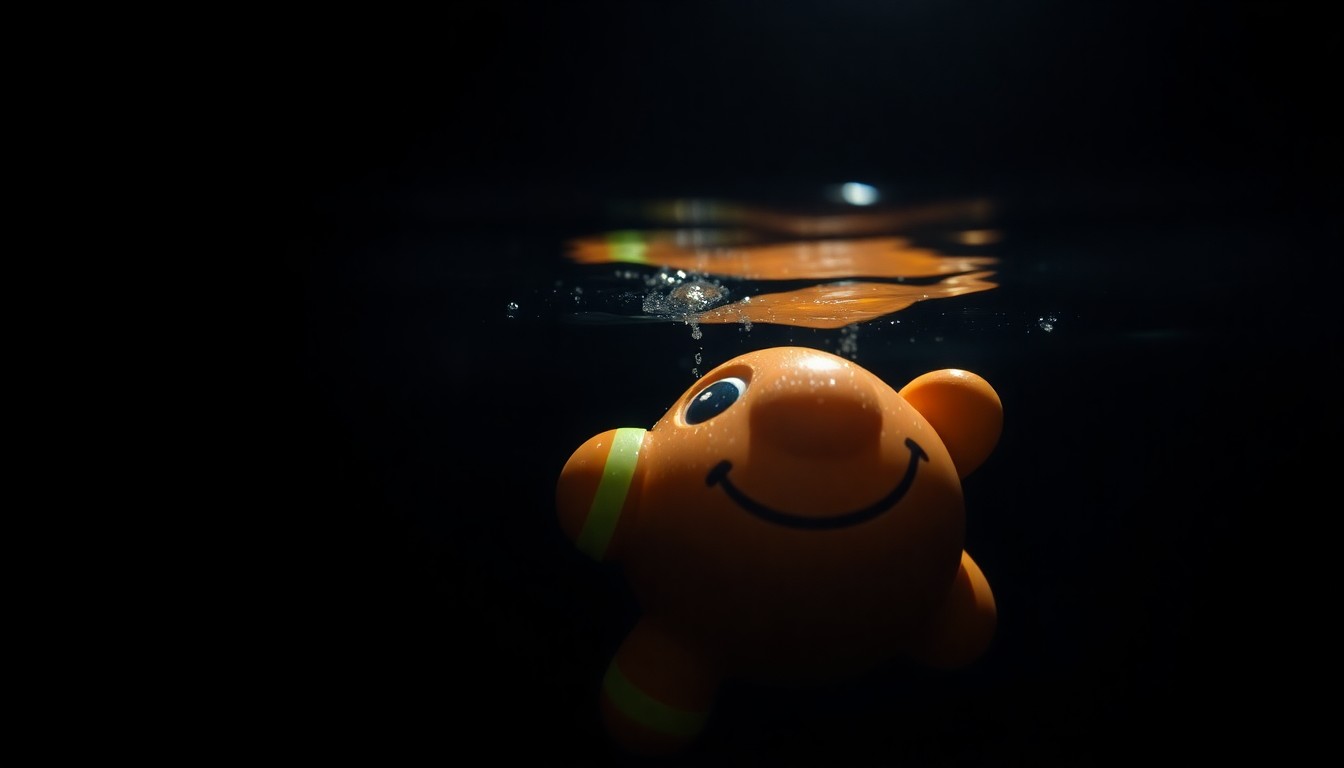An extreme close-up photograph of a child's toy submerged in water, reflecting a faint light and creating a stark, gritty, investigative aesthetic.
