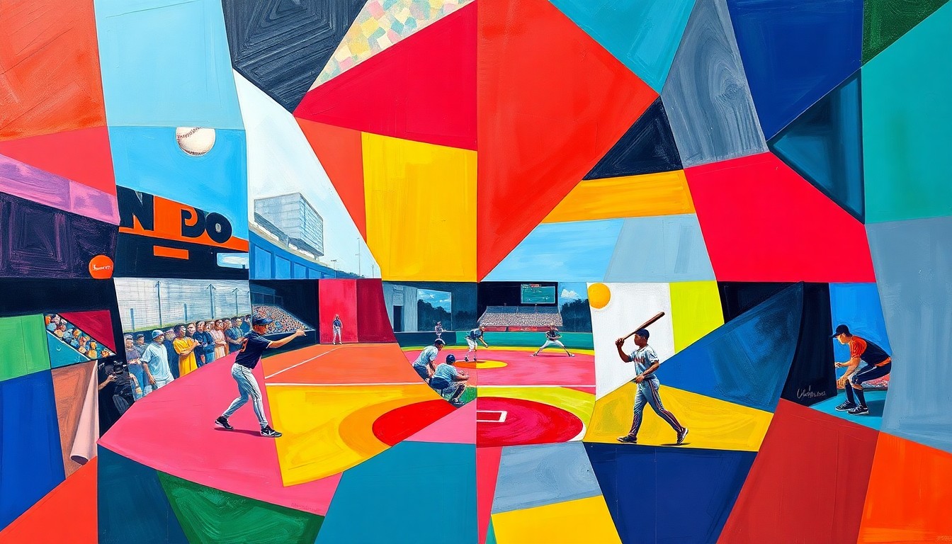 A fractured, cubist-style painting depicting the baseball and softball games of the Janicki siblings, with sharp geometric planes of their team colors overlapping to create a dynamic, multi-perspective visual representation of their synchronized home run achievements.