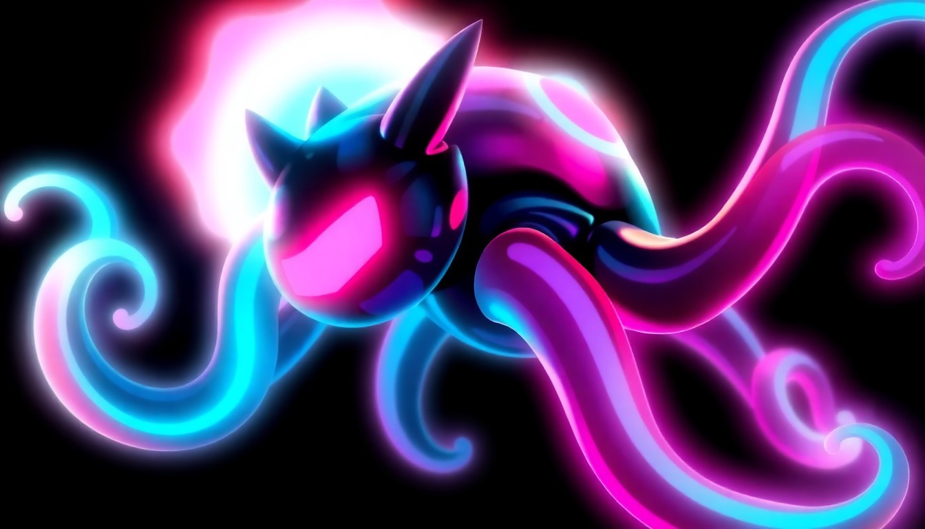 A highly detailed, 3D illustration of a Malamar Pokémon, its tentacles and body glowing with vibrant neon cyan and magenta lights, representing the evolution of Inkay into a powerful Psychic/Dark-type creature.