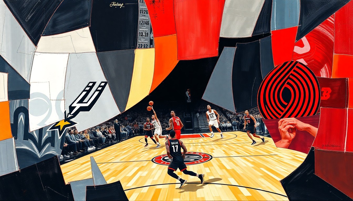 A cubist, geometric painting depicting a basketball game between the San Antonio Spurs and Portland Trail Blazers, with the players and court fractured into sharp, overlapping planes of color.