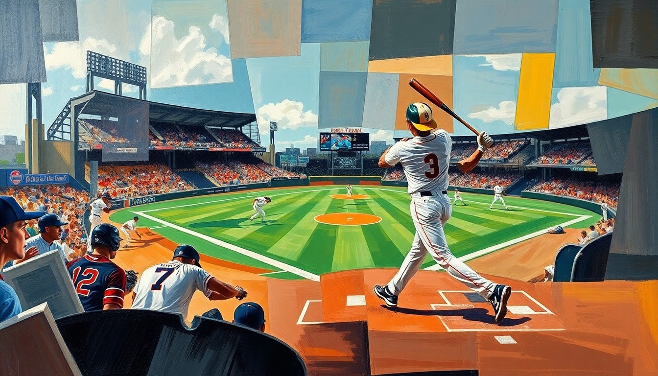 A cubist, geometric painting depicting the explosive power and dynamic movement of a baseball player swinging the bat, with the batter's form fractured and deconstructed into sharp, overlapping planes of color.