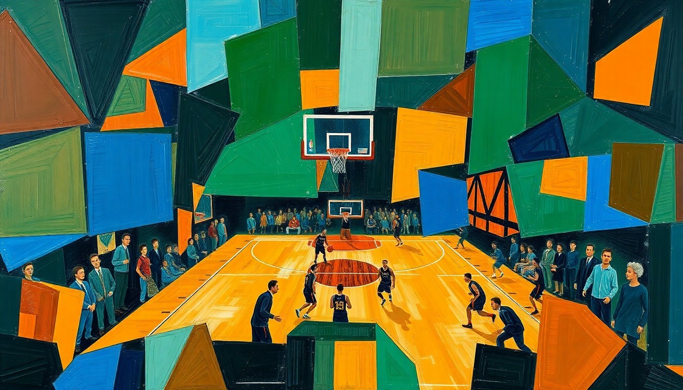 A cubist, geometric painting depicting a basketball game broken down into sharp, overlapping planes of color, conveying the tension and intensity of the playoff matchup.