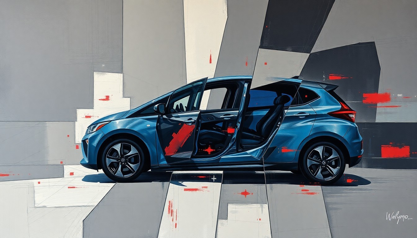 A heavily fragmented, cubist-style painting depicting a Waymo autonomous vehicle broken down into sharp, overlapping geometric shapes and planes of dark colors, conceptually representing the vandalism and attacks on self-driving cars.