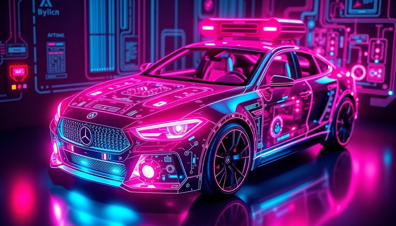 A highly detailed, glowing 3D illustration of the intricate components and infrastructure behind an AI-powered car review thumbnail generator, conveying the technological sophistication and complexity of these systems.