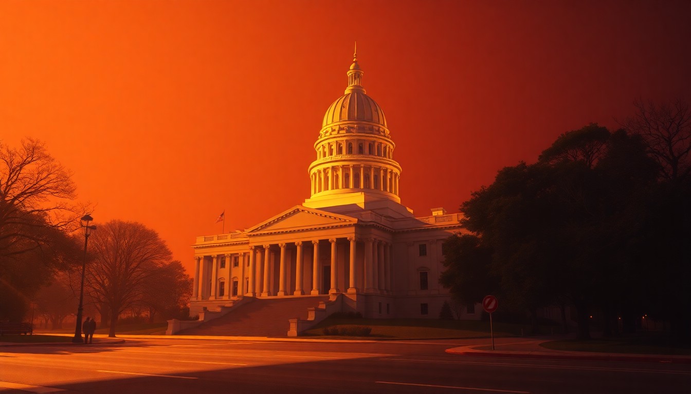 A serene, cinematic painting of the Virginia State Capitol building in Richmond, with the grand neoclassical structure bathed in warm, diagonal sunlight and deep shadows, creating a contemplative and nostalgic mood.