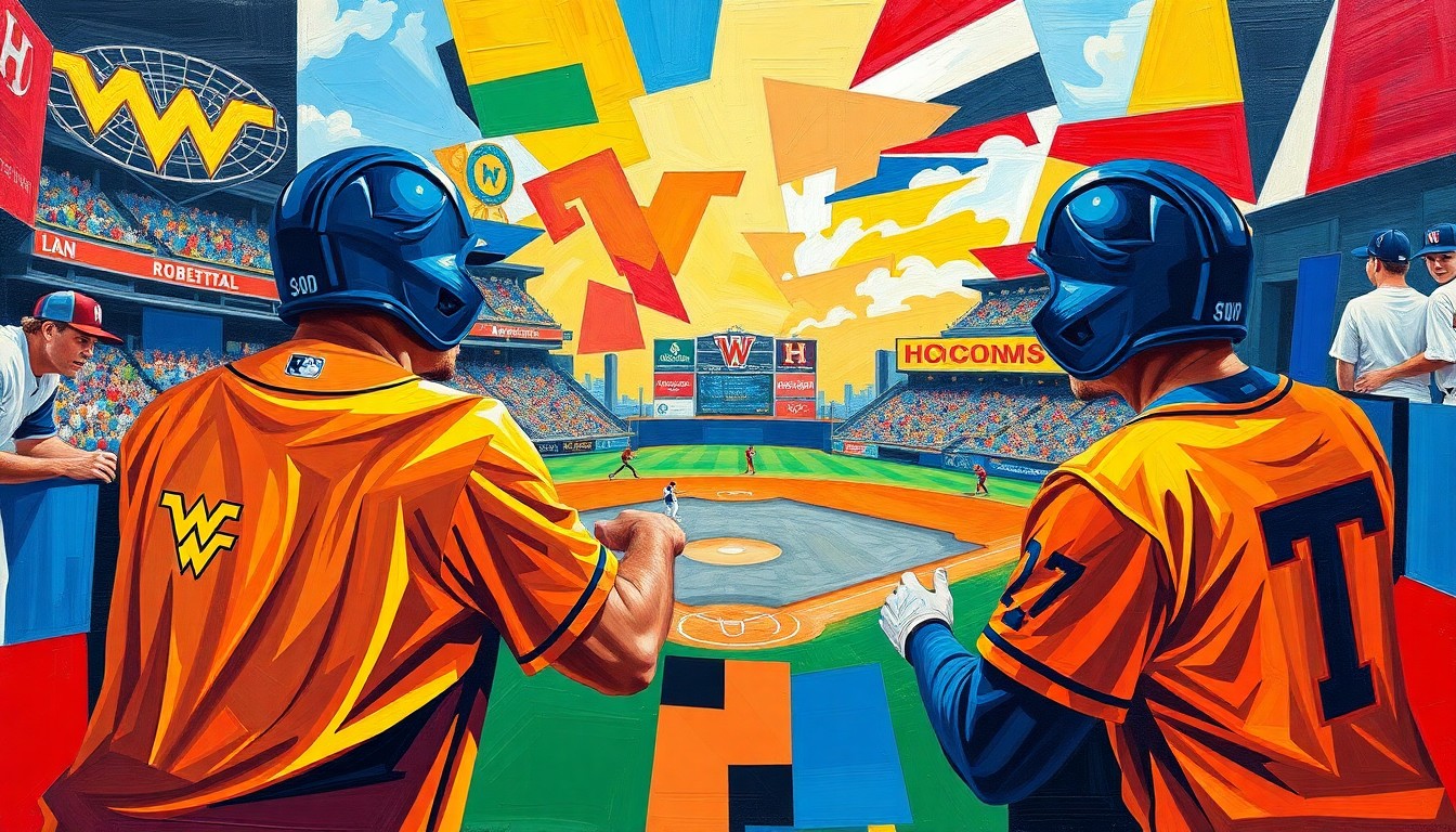 A cubist, geometric painting depicting a college baseball game, with sharp, overlapping shapes in the team colors of West Virginia and Houston, capturing the dynamic action and energy of the sport.
