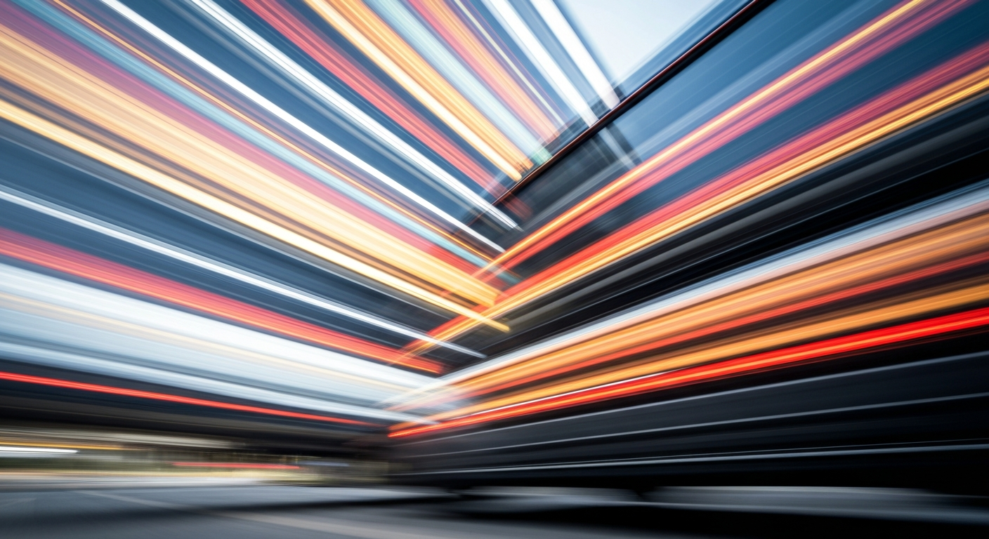 An abstract, colorful image featuring sweeping brushstrokes of motion, conceptually representing the dynamic nature of electric wheel alignment technology.