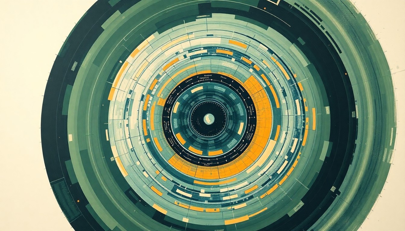 A bold, abstract painting in earthy tones of green, blue, and orange, featuring sweeping geometric arcs, concentric planetary circles, and precise botanical spirals, conceptually representing the complex technology and scientific forces behind the Artemis II moon mission.