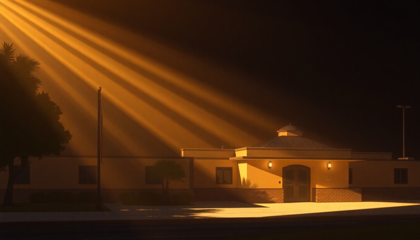 A serene, cinematic painting of a Jewish community center or synagogue in San Diego, with the building's facade and entrance bathed in warm, diagonal sunlight and deep shadows, conveying a sense of quiet contemplation and resilience in the face of rising antisemitism.