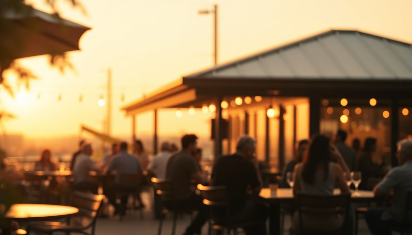 An extremely abstracted, out-of-focus photograph shot through condensation or rain-streaked glass, composed of soft, warm pools of light and color depicting the hazy, atmospheric scene of an Amarillo patio with blurred silhouettes of people dining.
