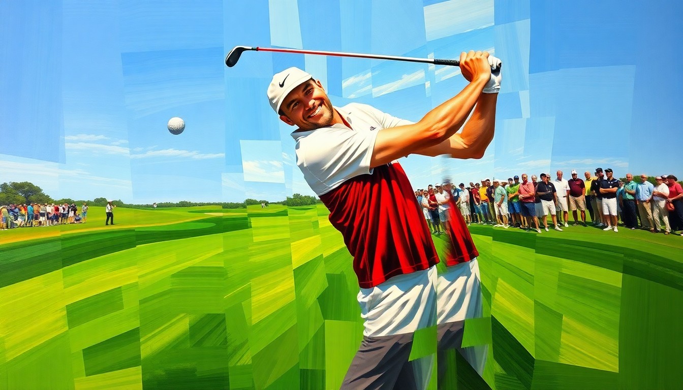 A fragmented, geometric painting depicting Stewart Cink's golf swing and victory celebration in a cubist style, with overlapping planes of green, blue, red, and white.