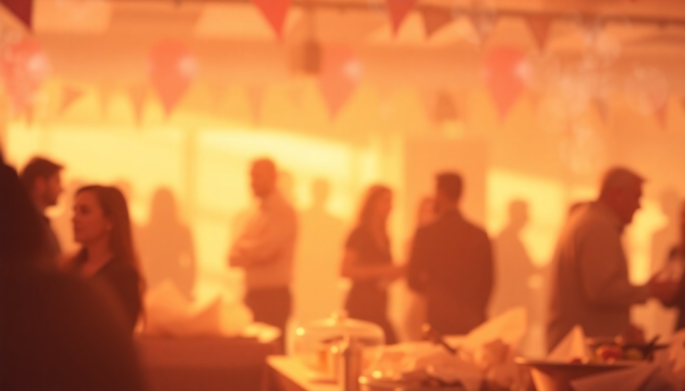 An abstract, impressionistic photograph in soft, warm tones depicting the blurred silhouettes of people mingling at a community event, conceptually representing the festive and supportive nature of the Kids Haven Benefit Auction.