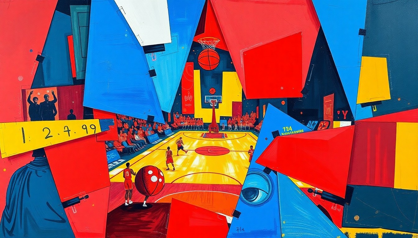 A fragmented, geometric painting in bold primary colors depicting the dynamic movements and competitive spirit of a basketball game or match.