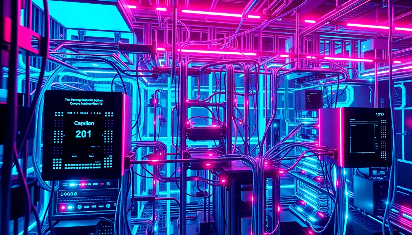 A highly detailed, glowing 3D illustration of a complex cybersecurity infrastructure system, with neon cyan and magenta lights illuminating the intricate network of cables, servers, and other digital components, conceptually representing the challenges of protecting against AI-driven cyberattacks.