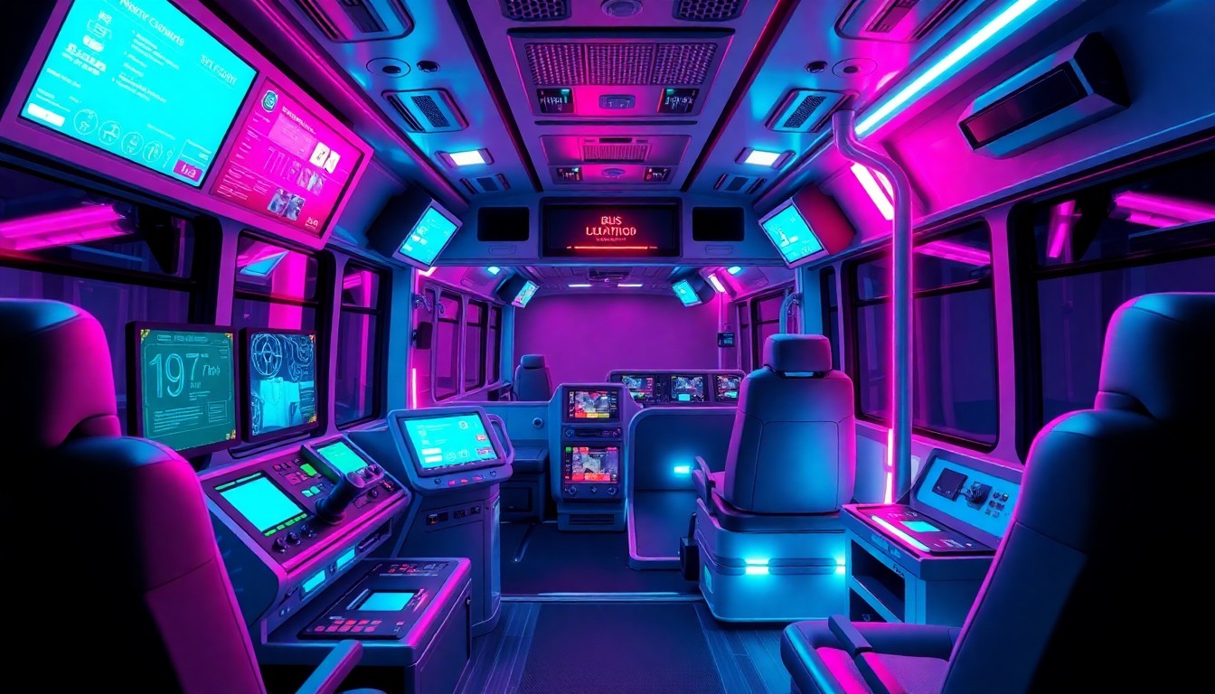 A highly detailed, glowing 3D illustration of the interior of a futuristic bus simulator, with neon cyan and magenta lights illuminating the complex control panels, digital displays, and realistic vehicle components, conveying a sense of advanced technology enabling immersive training for urban bus operators.