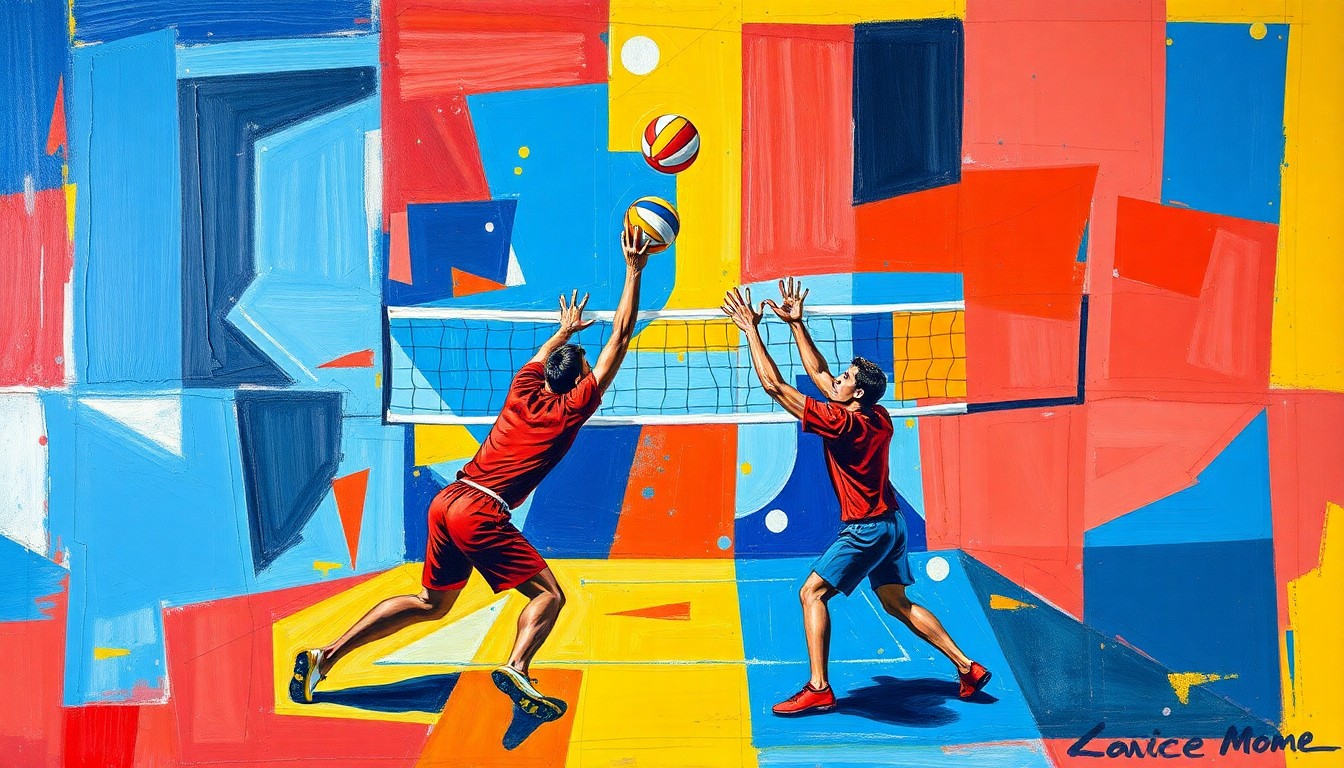 A cubist, geometric painting depicting the dynamic movements and energy of a men's volleyball match, with sharp, overlapping planes of bright blue, red, and yellow colors.