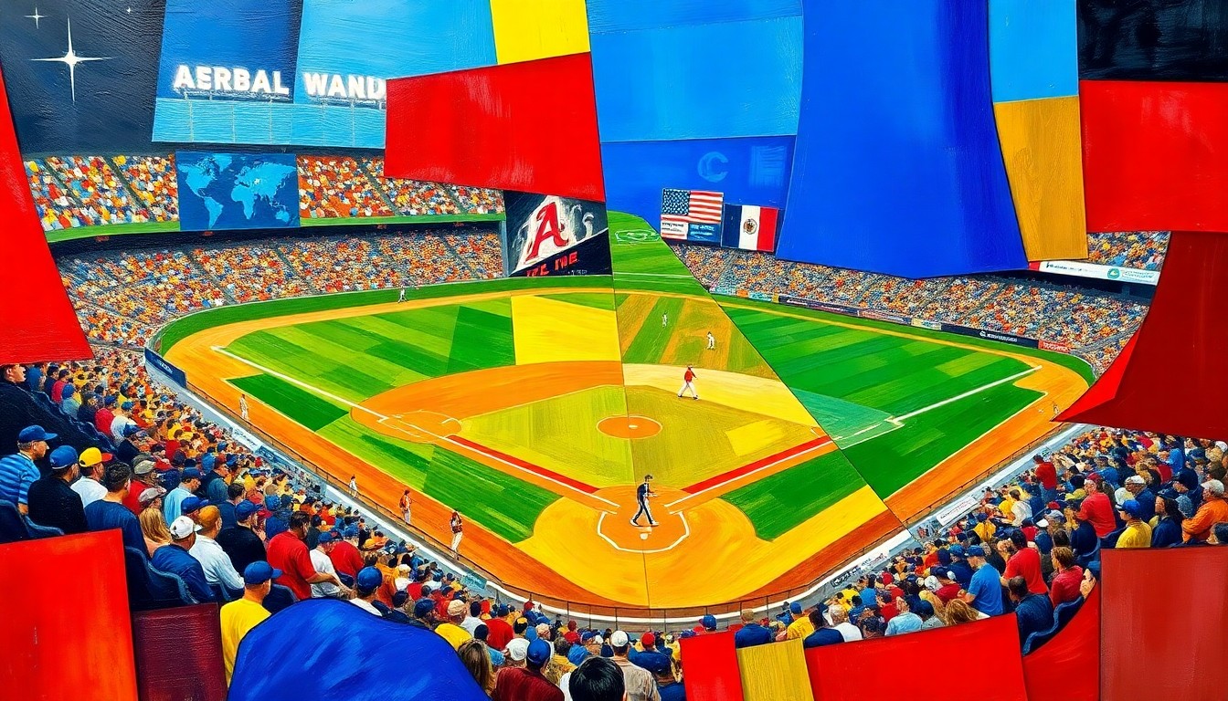 A cubist-style painting featuring overlapping geometric shapes and planes of bright blue, red, and yellow, capturing the dynamic energy and action of a baseball game.