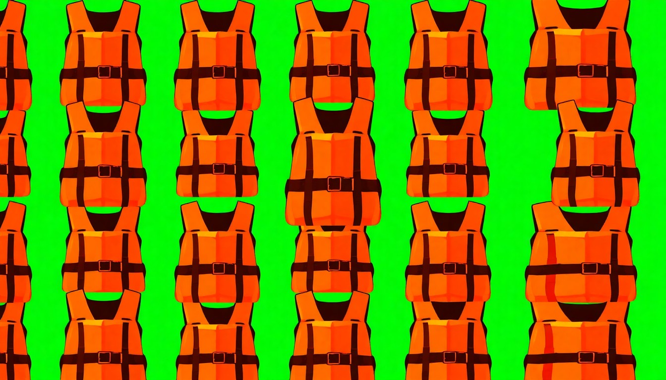 A bold, colorful silkscreen print featuring a Titanic lifejacket repeated in a grid pattern, capturing the iconic nature of this tragic artifact through a modern pop art lens.