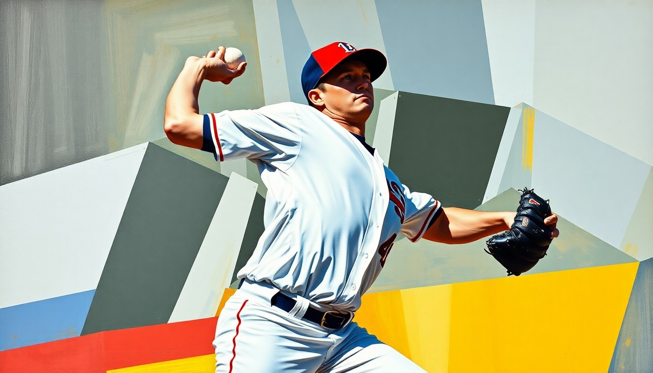 A fragmented, cubist-style painting depicting the dynamic motion of a baseball pitcher, with sharp geometric shapes and planes representing the pitcher's delivery. The player's face and uniform are obscured, focusing the viewer's attention on the raw athleticism and energy of the pitching action.