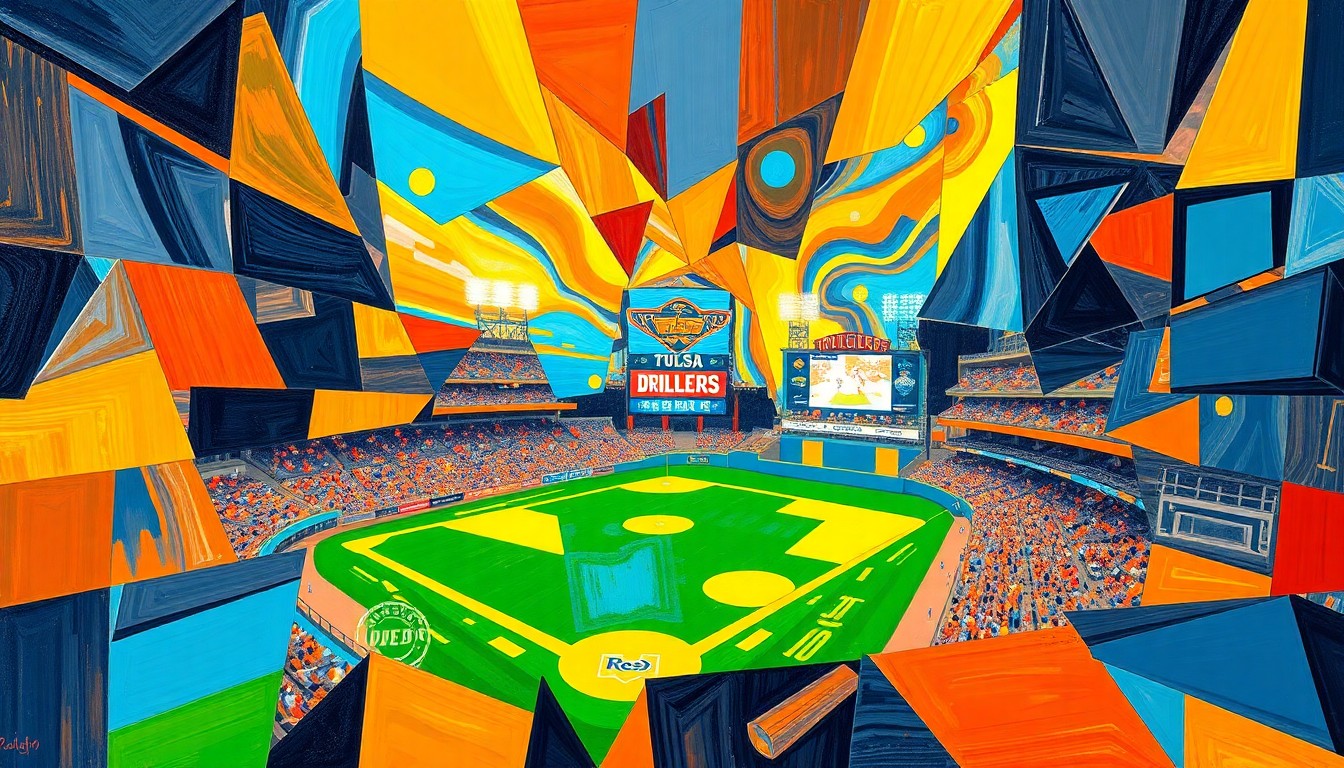 A cubist, geometric painting depicting a baseball game in motion, with overlapping shapes and planes of color representing the dynamic action on the field.