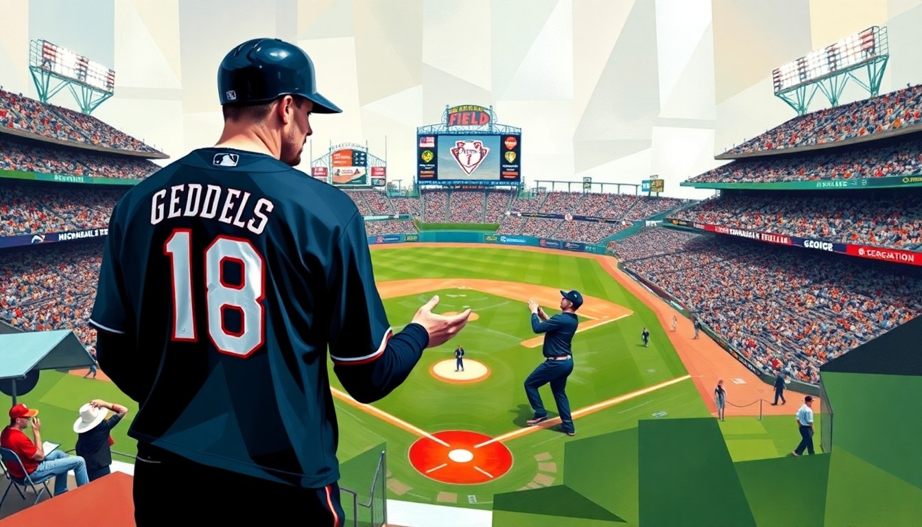 A fractured, multi-perspective painting breaking down the moment of a baseball player proposing to his girlfriend on the field into sharp, overlapping geometric planes, capturing the raw emotion and energy of the event.