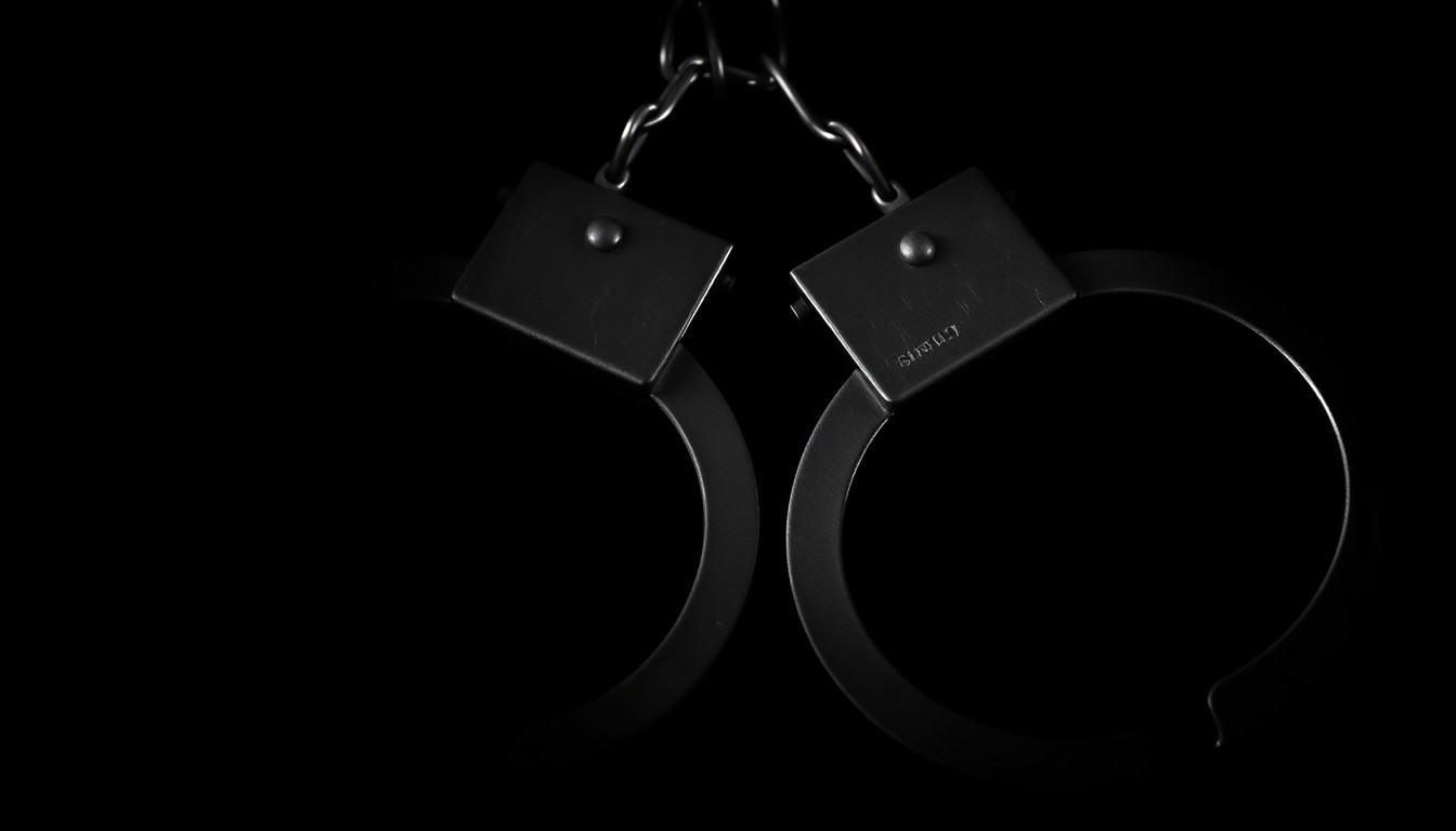 An extreme close-up photograph of a set of handcuffs against a pitch-black background, lit by a harsh, direct camera flash, conveying a stark, gritty, and investigative aesthetic around the death of an inmate.