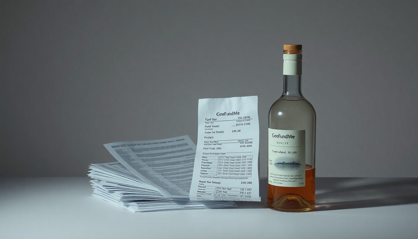 A photorealistic studio still-life photograph featuring a stack of overdue tax bills, a crumpled GoFundMe donation receipt, and a half-empty bottle of liquor on a clean, monochromatic background, symbolizing the financial pressures facing a local restaurant.