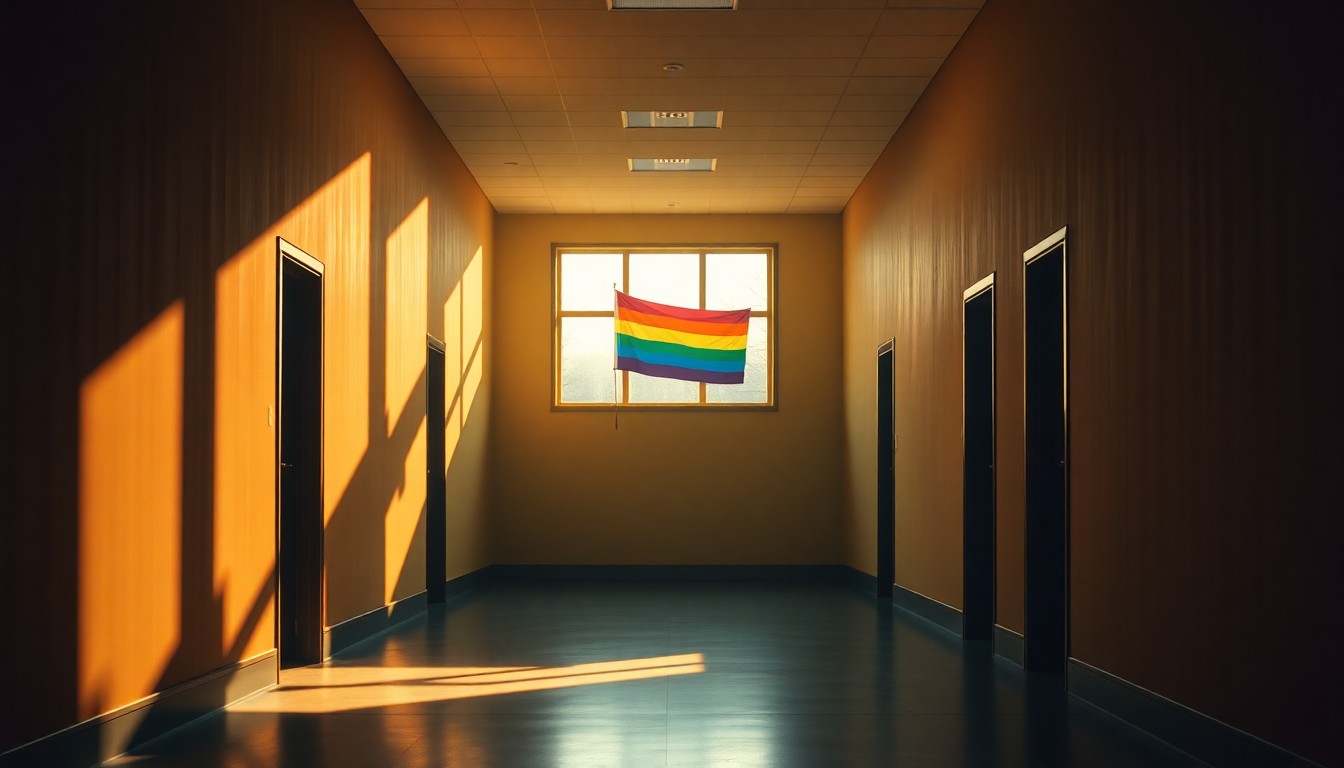 A quiet, cinematic painting of an empty university hallway with a single pride flag hanging in a window, bathed in warm, diagonal sunlight and deep shadows, conceptually representing the tension between free expression and institutional control.