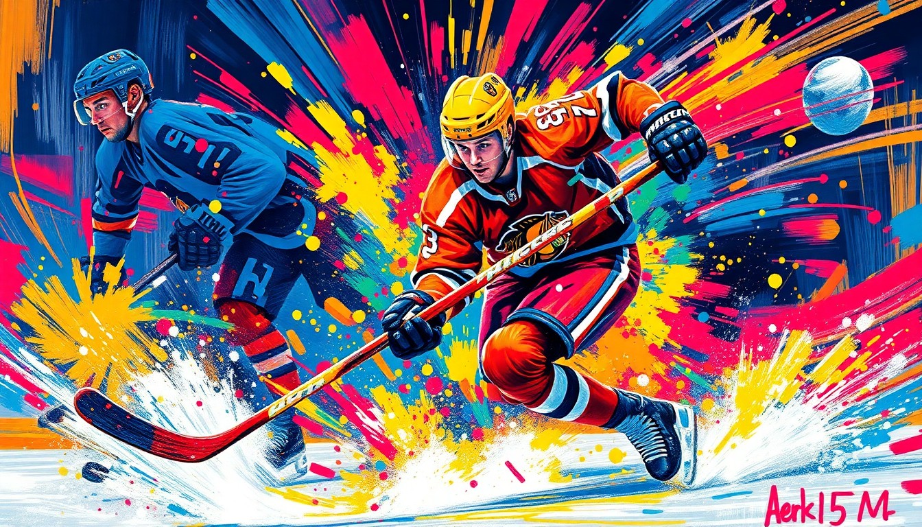 A vibrant, abstract painting in neon colors depicting the dynamic motion and raw emotion of a hockey player scoring a goal, with the player's features blurred into expressive brushstrokes.