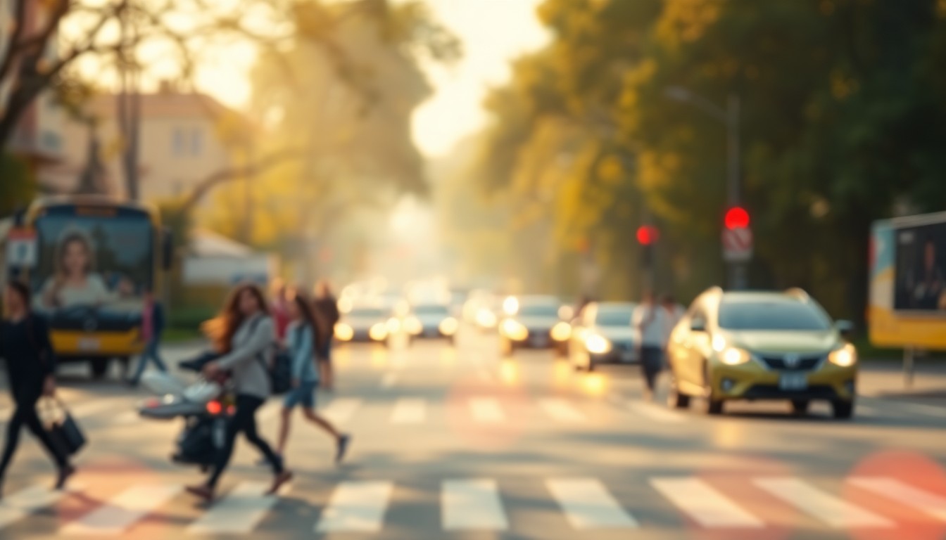 An extremely abstracted, out-of-focus photograph of a busy school crosswalk, with soft pools of warm yellow, orange, and red light washing over the frame, creating an atmospheric, dreamlike quality that conceptually represents the crossing guard's concerns over student safety.