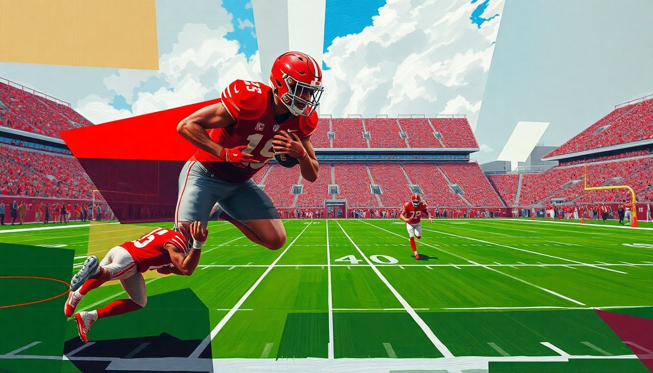 A fractured, multi-perspective painting in bold, geometric shapes and colors, depicting a football player's final moments on the field at Ohio Stadium.