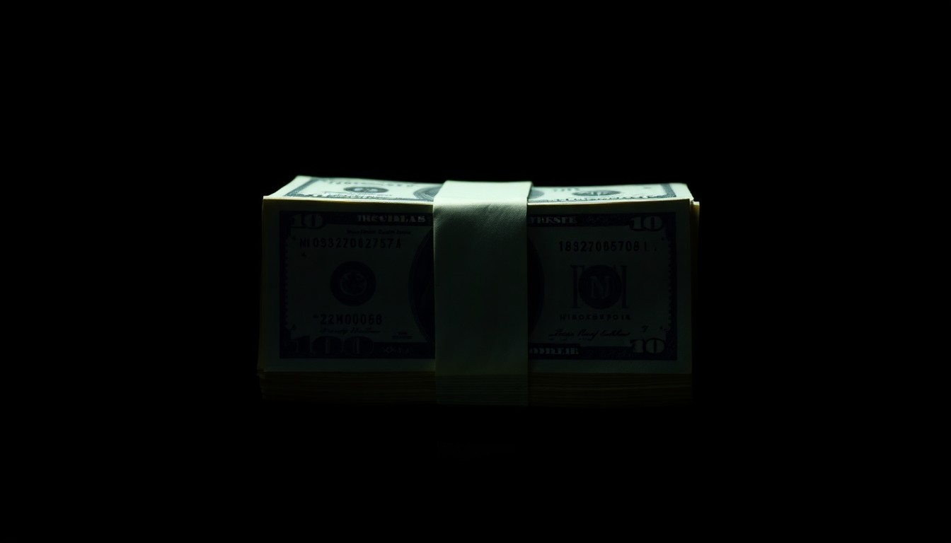 An extreme close-up photograph of a stack of $100 bills against a pitch-black background, conceptually representing the financial crimes and illicit funds targeted by the FBI's operations.