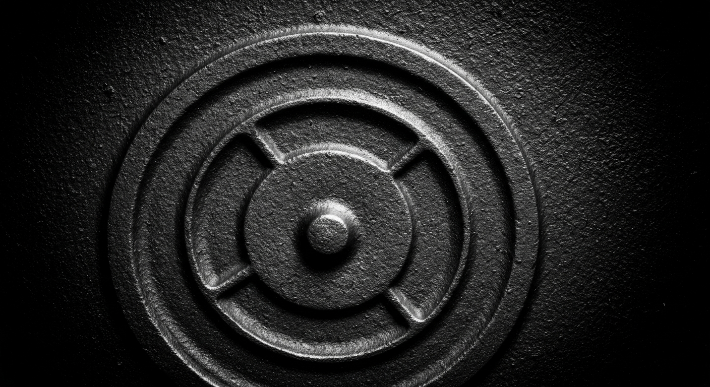 An extreme close-up of the pebbled, textured surface of a cast iron exhaust manifold, with dramatic lighting highlighting the intricate patterns and colors of the raw material, conceptually illustrating the importance of this automotive component.