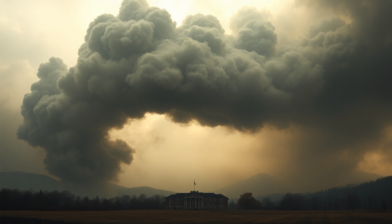A vast, atmospheric landscape painting depicting a massive, billowing plume of dark smoke against an overcast sky, dwarfing the silhouetted outline of an elementary school building in the distance, conveying the overwhelming scale and power of the natural disaster unfolding.