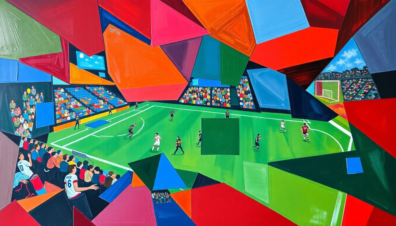 A cubist, geometric painting depicting fragmented football players and action, using bold colors to represent the energy and potential of Arkansas' emerging underclassmen prospects.