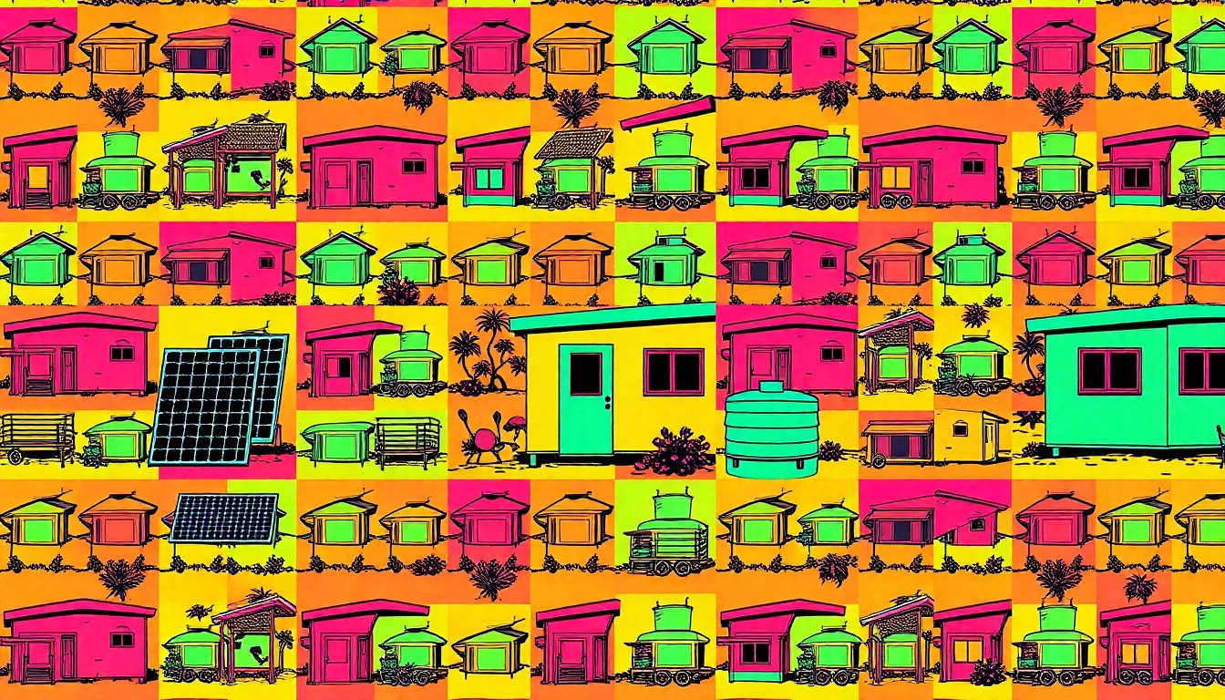 A brightly colored, high-contrast silkscreen print of a single, iconic desert lifestyle object such as a solar panel or water cistern, repeated in a tight grid pattern, conceptually representing the growing trend of eco-conscious living in the Coachella Valley.