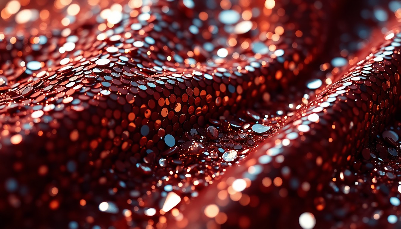 An extreme close-up photograph of shimmering, high-contrast sequins and glittering textures, capturing the glamorous essence of a celebrity romance.