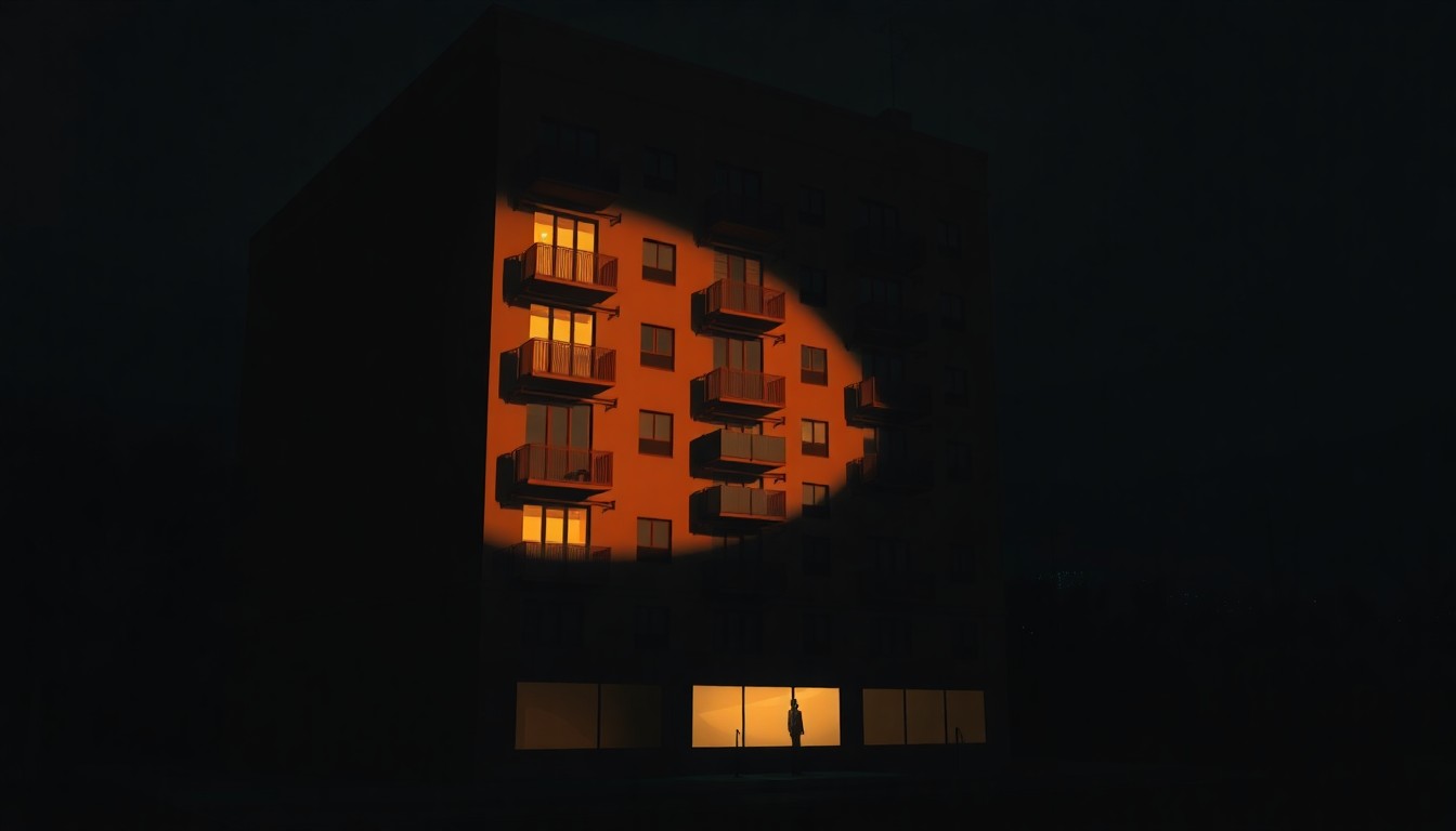 A serene, cinematic painting of a tall, elegant apartment building in New York City, with warm sunlight casting long shadows across the facade, conceptually representing the debate over taxing the homes of the wealthy.