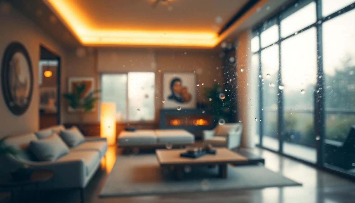 An abstract, impressionistic photograph showing the blurred, hazy interior of a modernist home, with soft pools of warm amber, sage, and indigo light creating a dreamlike, serene atmosphere.